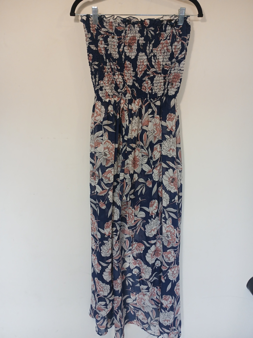 VENUS Navy Floral Strapless High-Low Dress With Built In Shorts